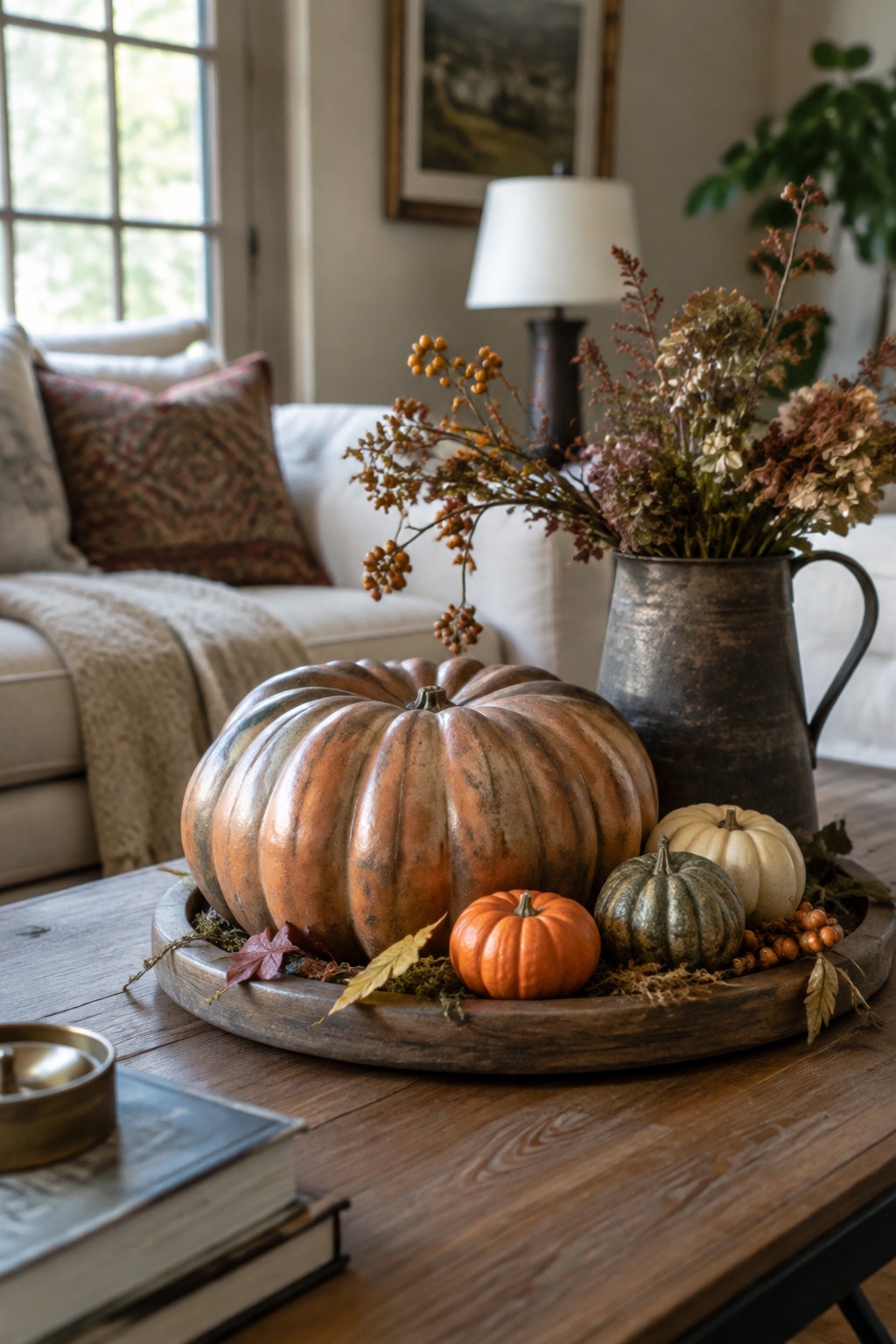 Wooden tray on a coffee table holding several pumpkins of varying sizes and finishes, with a metal pitcher of dried flowers nearby in a living room setting.