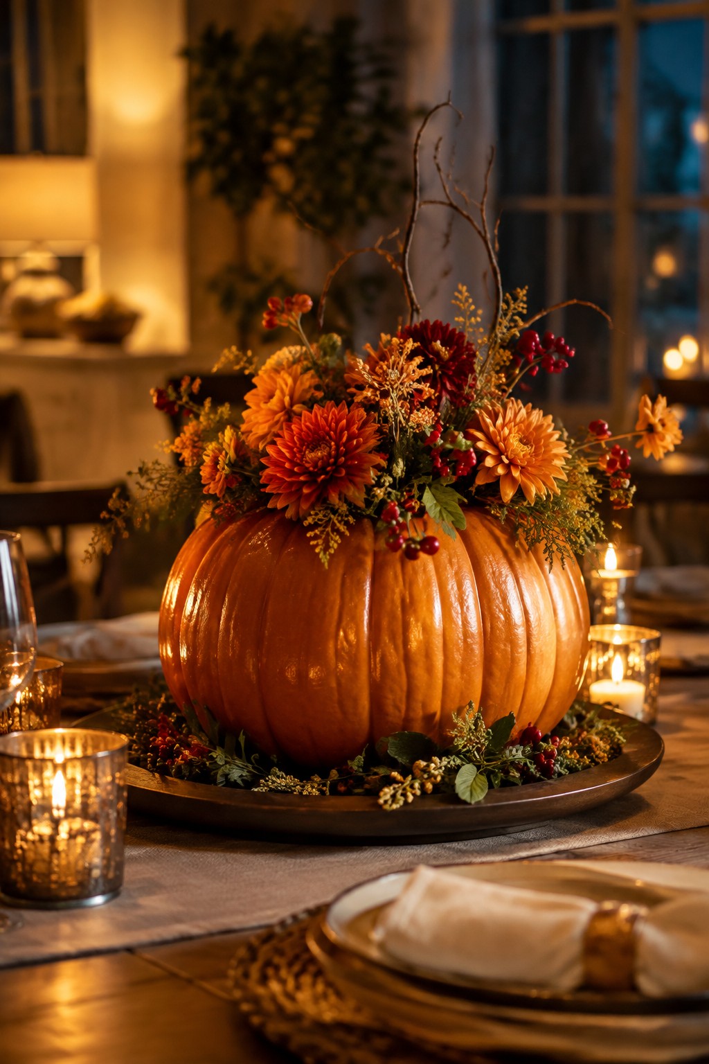 A large orange pumpkin filled with orange and red chrysanthemums, red berries, and twigs sits on a wooden tray as a dining table centerpiece, surrounded by lit candles and place settings.
