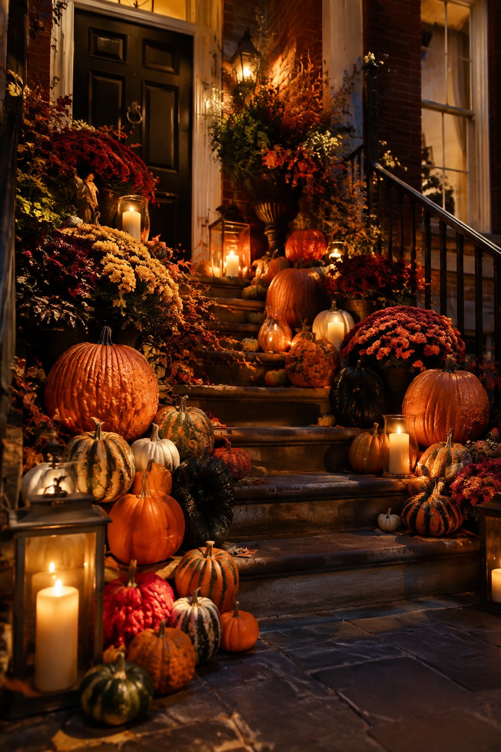 Front porch and staircase covered with many pumpkins of different sizes and colors, some carved or striped, plus lit lanterns and potted mums.