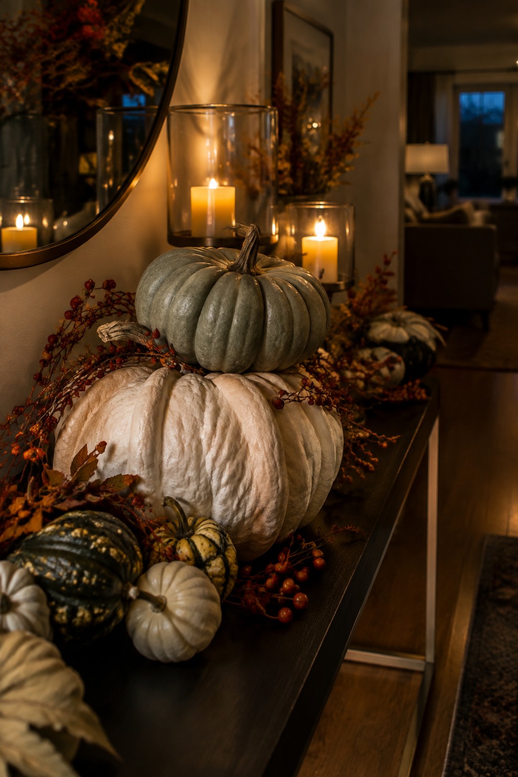 Console table in an entryway arranged with stacked white and green pumpkins, smaller patterned gourds, red berry branches, and lit candles in glass holders.