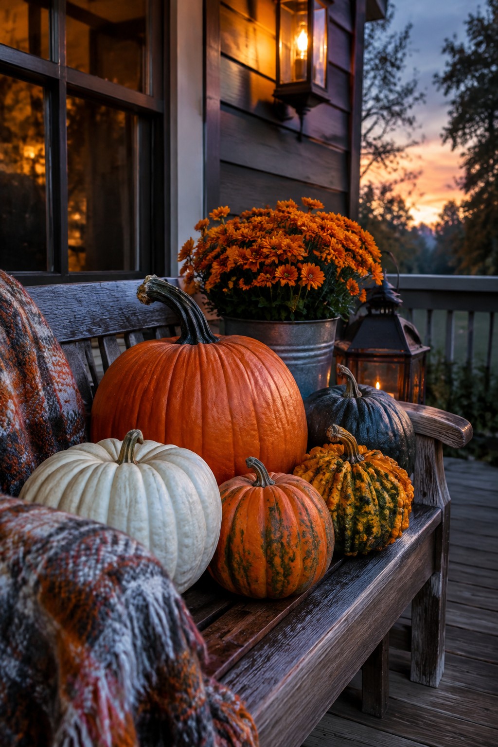 Wooden porch bench arranged with multiple pumpkins of varying colors and sizes beside orange flowers and a metal lantern.
