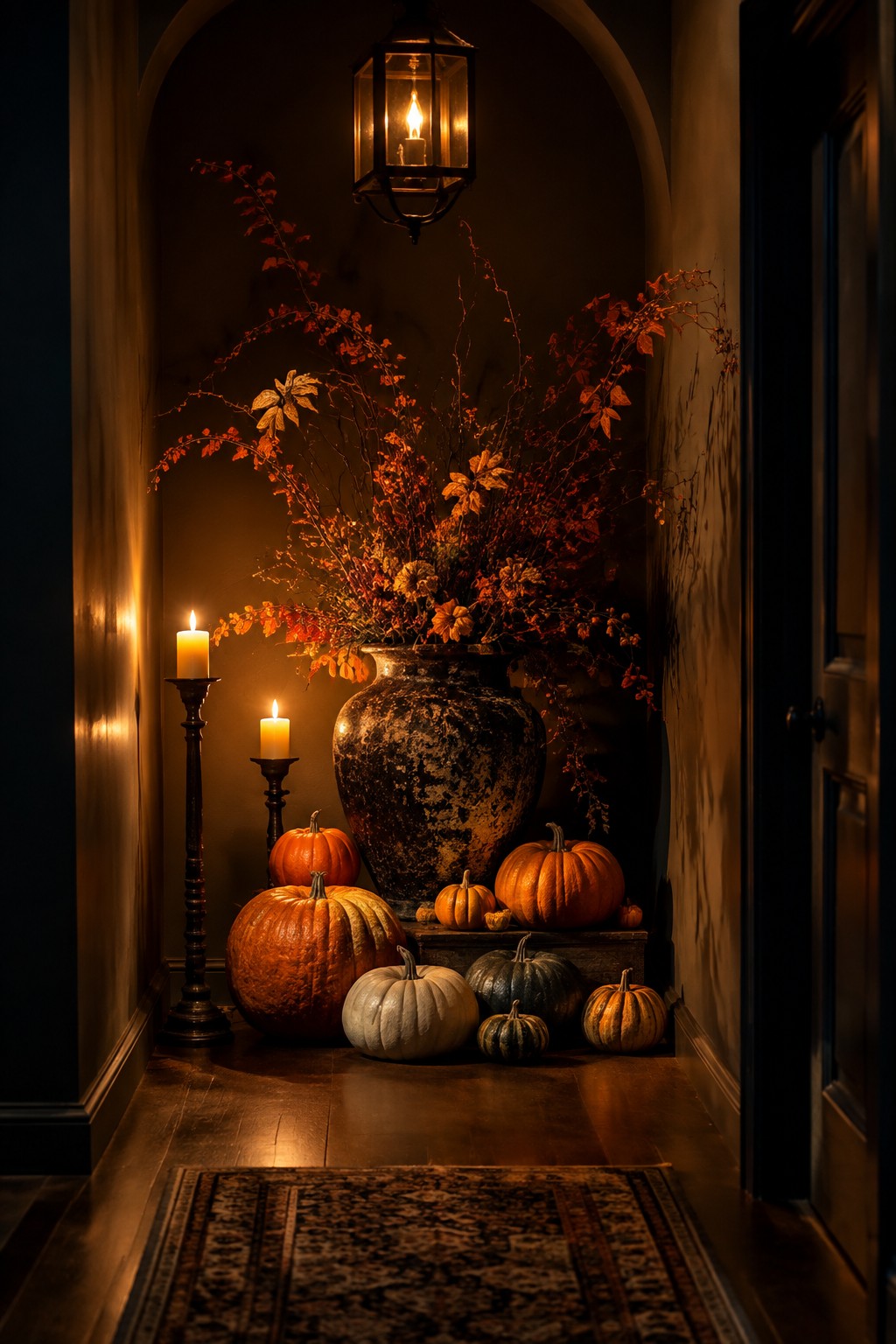Autumn pumpkins, fall foliage in rustic vase, and glowing candles in arched entryway
