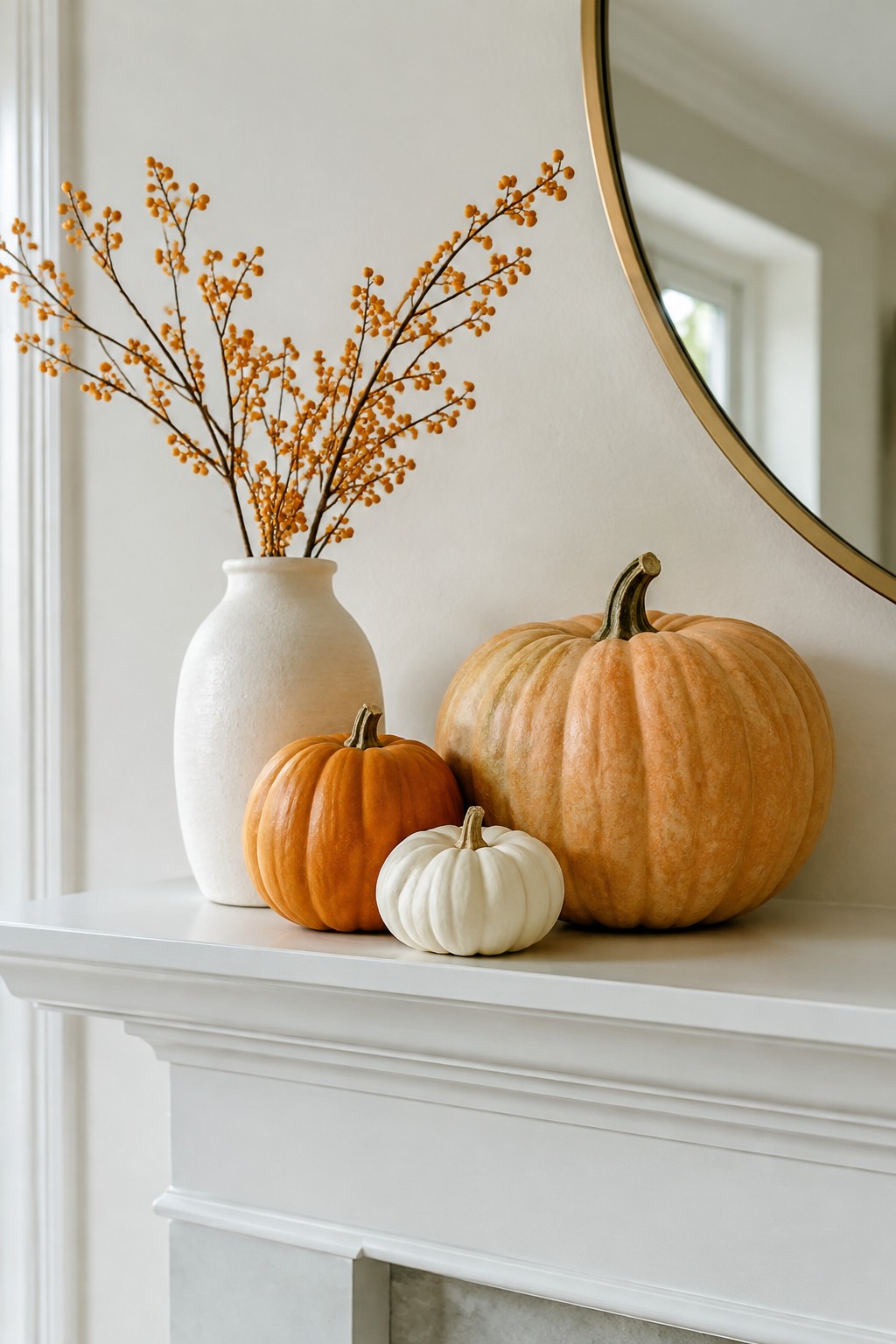 White vase with orange berries and pumpkins on mantel beside gold mirror