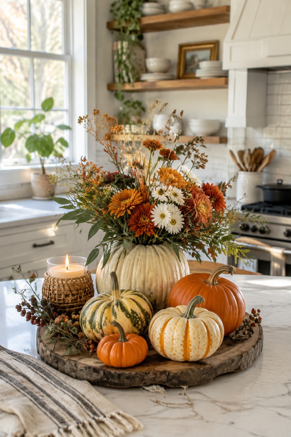 Kitchen counter showing a round wooden tray with several pumpkins in white, orange, and striped patterns along with flowers and a lit candle.