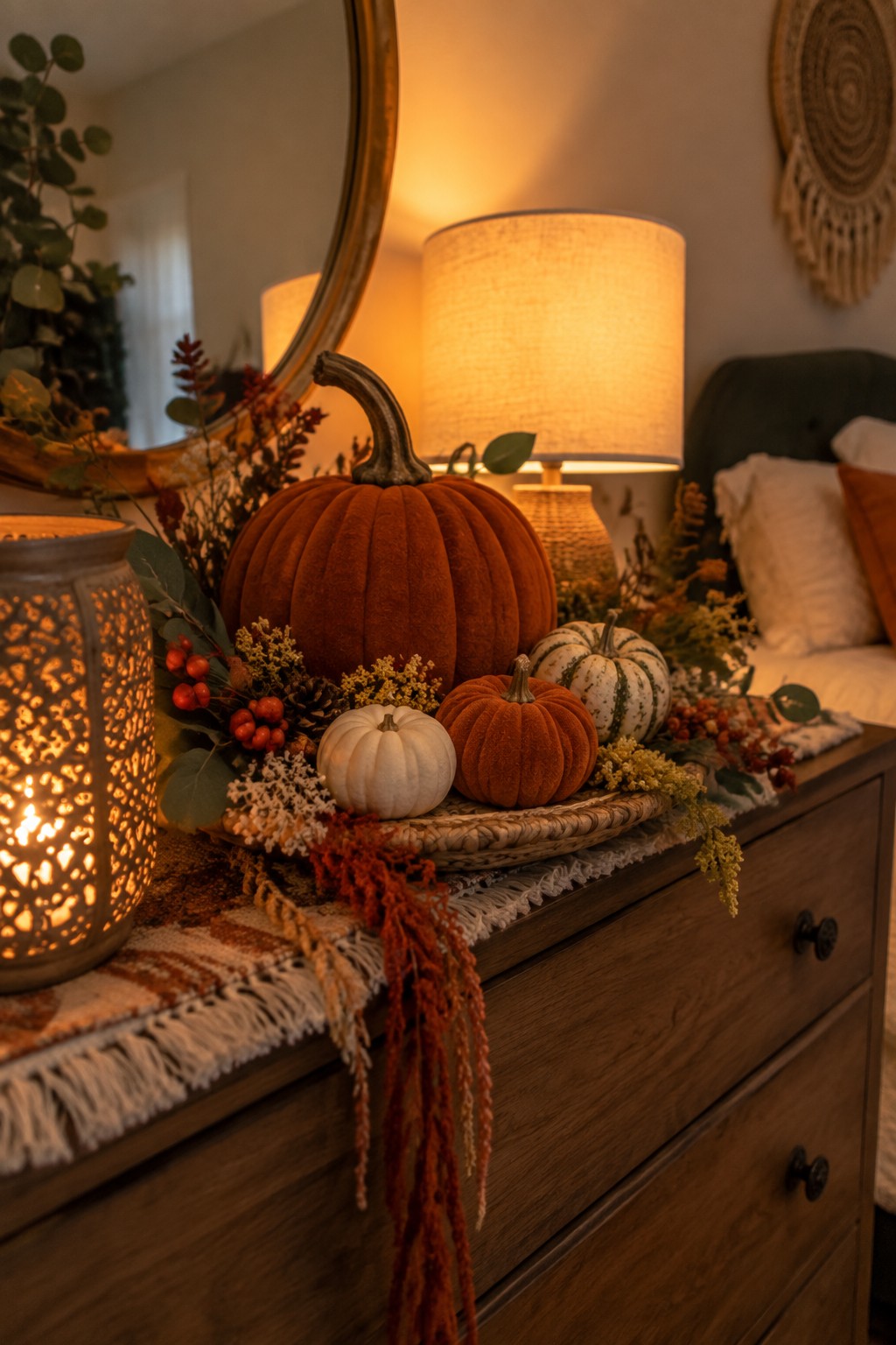 Autumn pumpkins, lantern, and fall foliage on wooden dresser with warm lamp glow