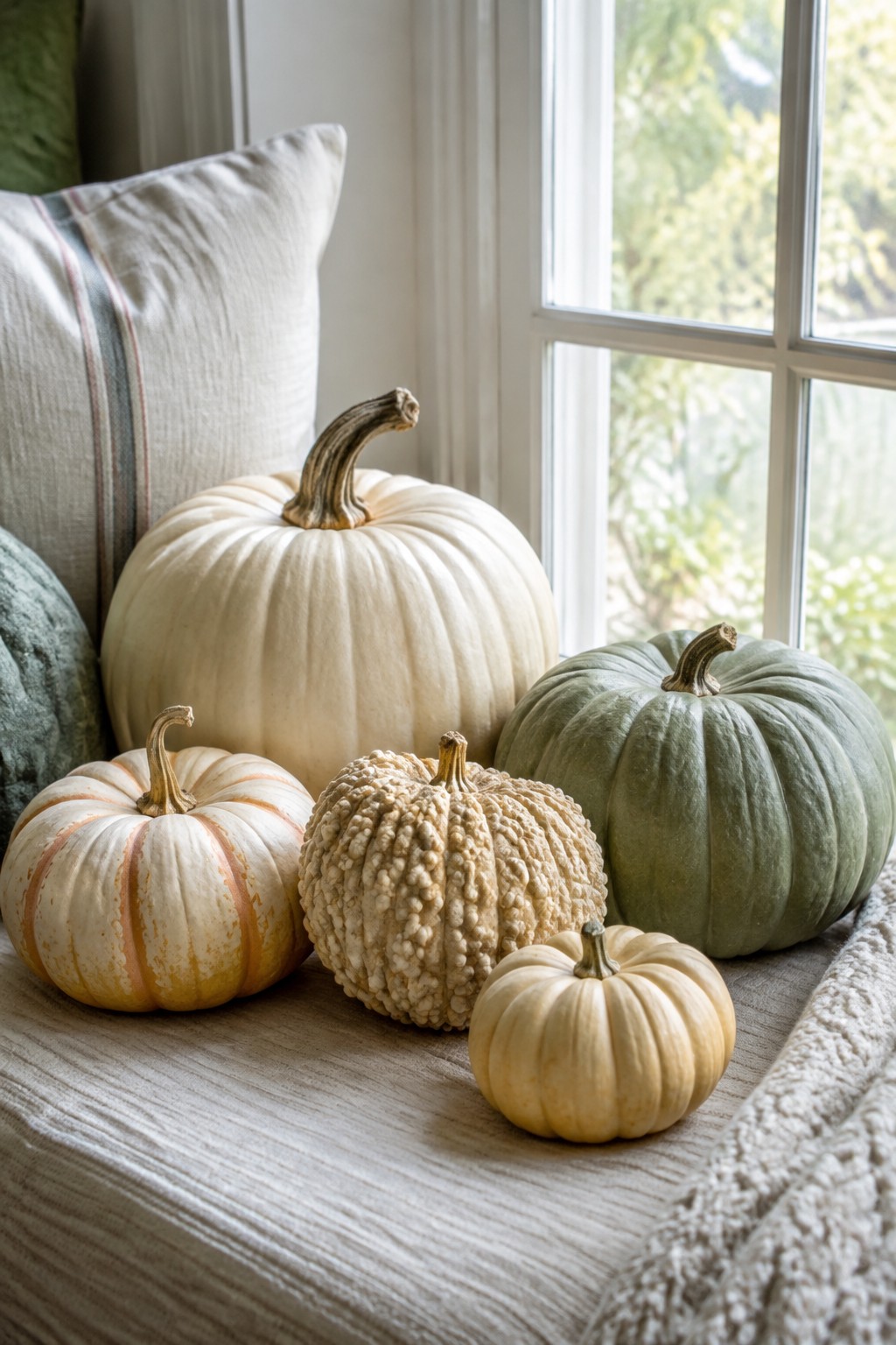 Assorted white, cream, green, and bumpy pumpkins arranged together on a windowsill beside a neutral pillow.