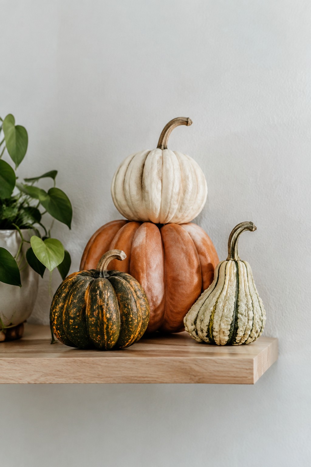 Wooden shelf with a white pumpkin stacked on an orange one, plus a dark mottled pumpkin and a striped green and white pumpkin arranged beside a potted plant.