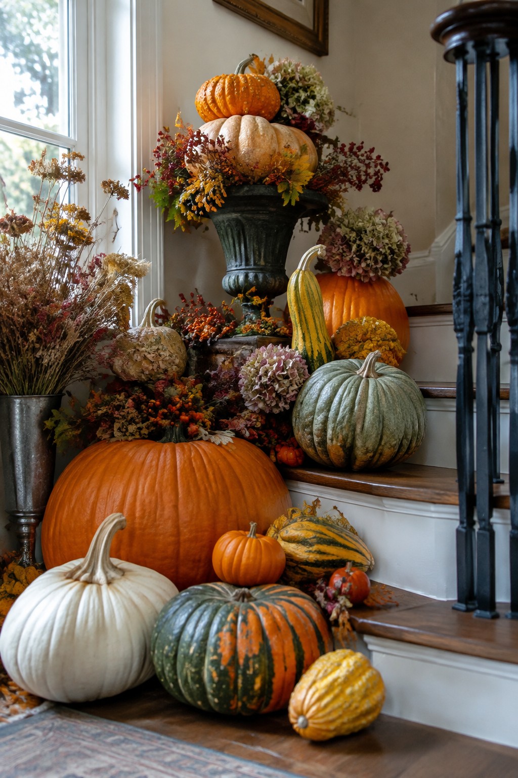 Staircase decorated with a large grouping of pumpkins and gourds in orange, white, green, and striped varieties arranged on the steps and floor.