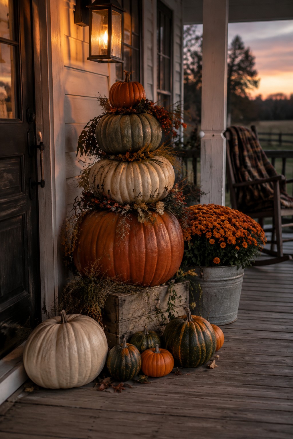 Stacked pumpkins with mums and rocking chair on wooden porch at dusk