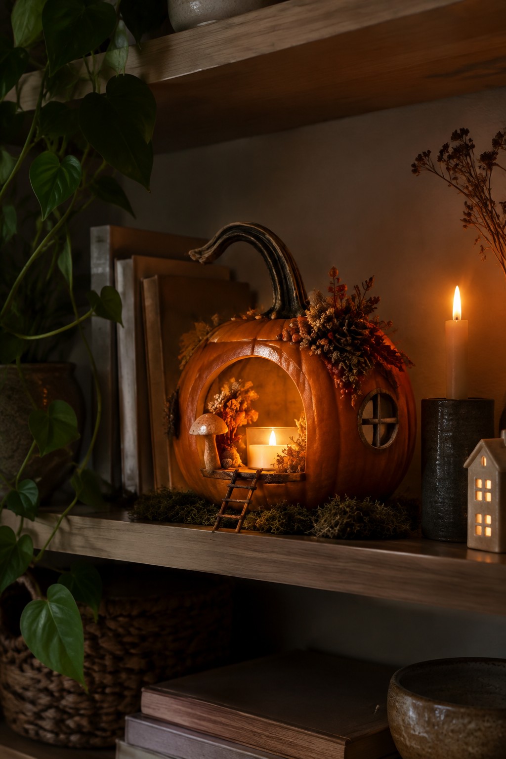 A carved pumpkin on a wooden shelf styled as a miniature house with an arched doorway, ladder, lit candle inside, small window, and autumn foliage accents.