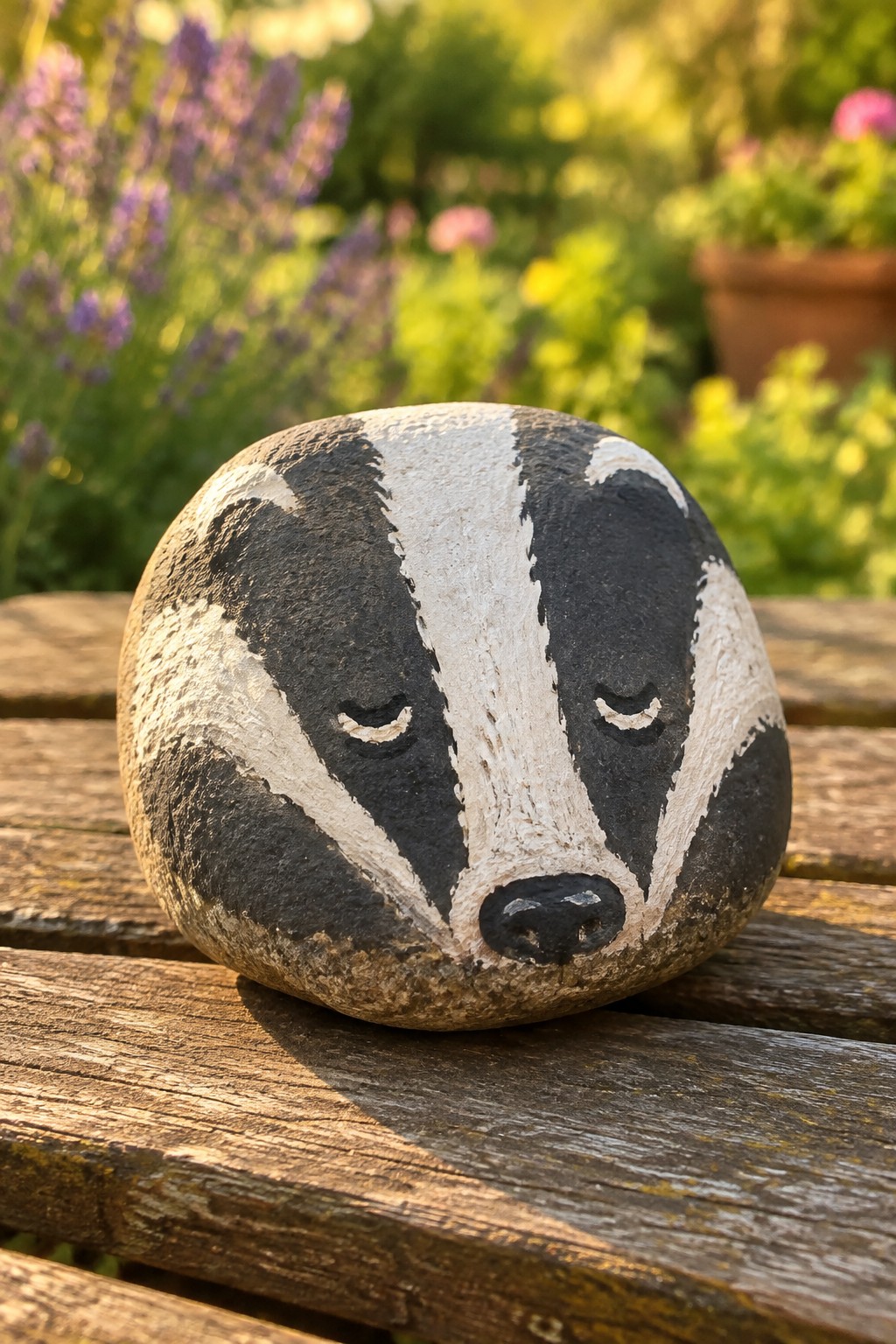 Painted rock with black-and-white badger face on wooden garden table
