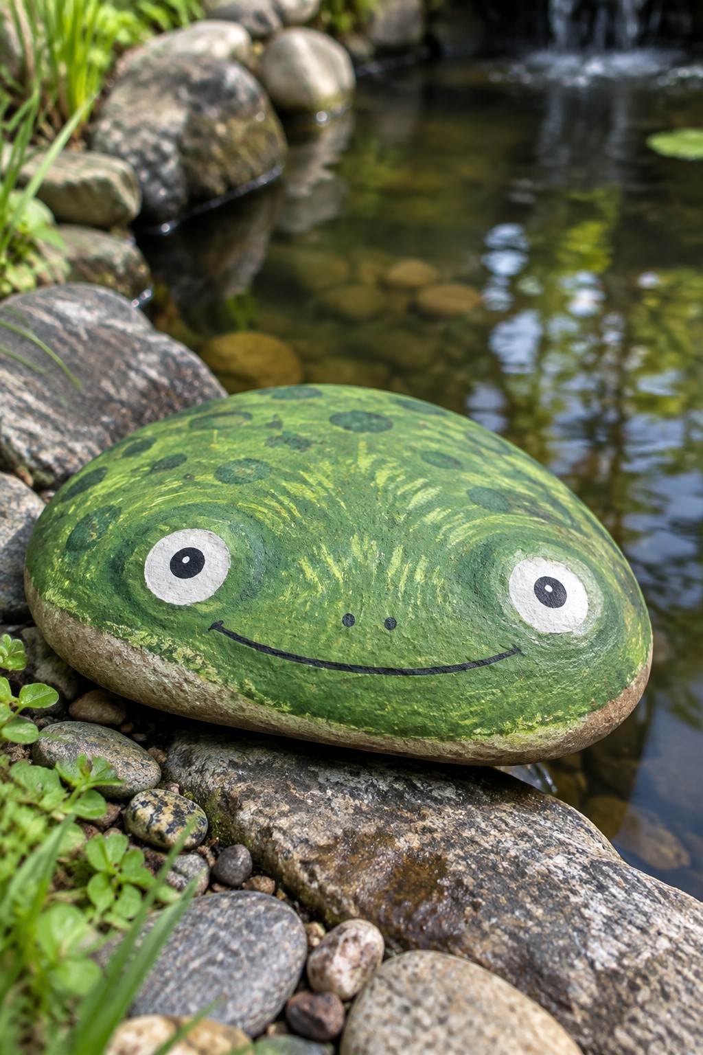 Green spotted frog rock with big eyes and smile by pond edge