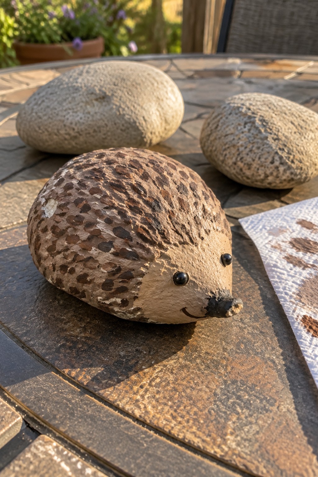 Hedgehog rock painted with brown spots and black features on outdoor tiled table