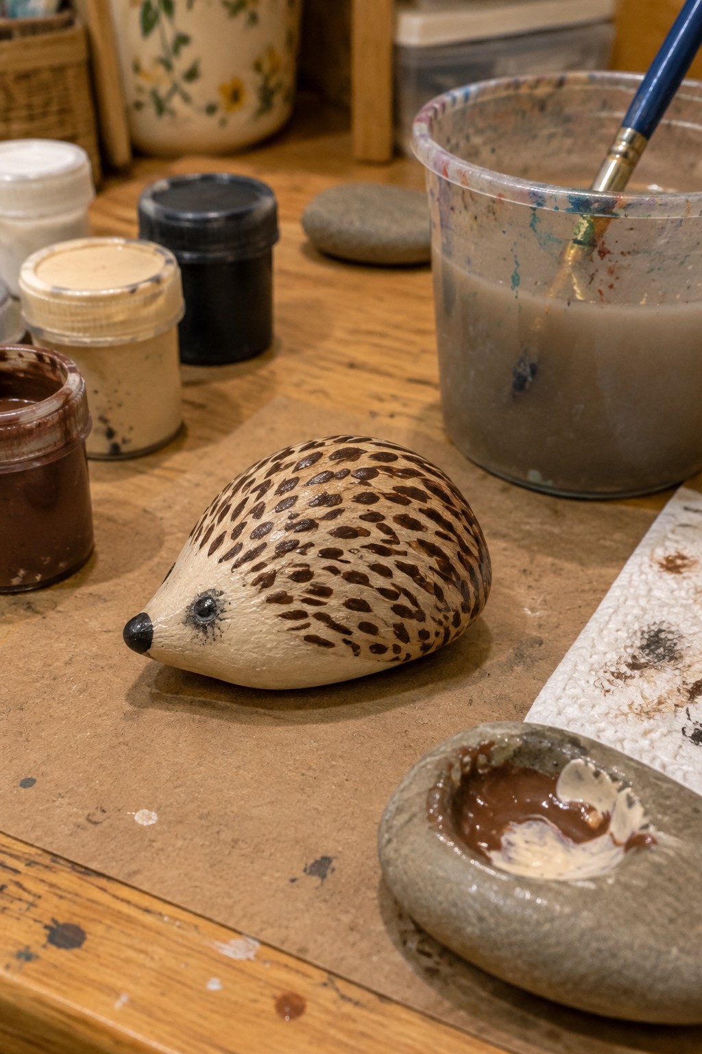 Painted hedgehog rock on wooden table amid paint jars and supplies