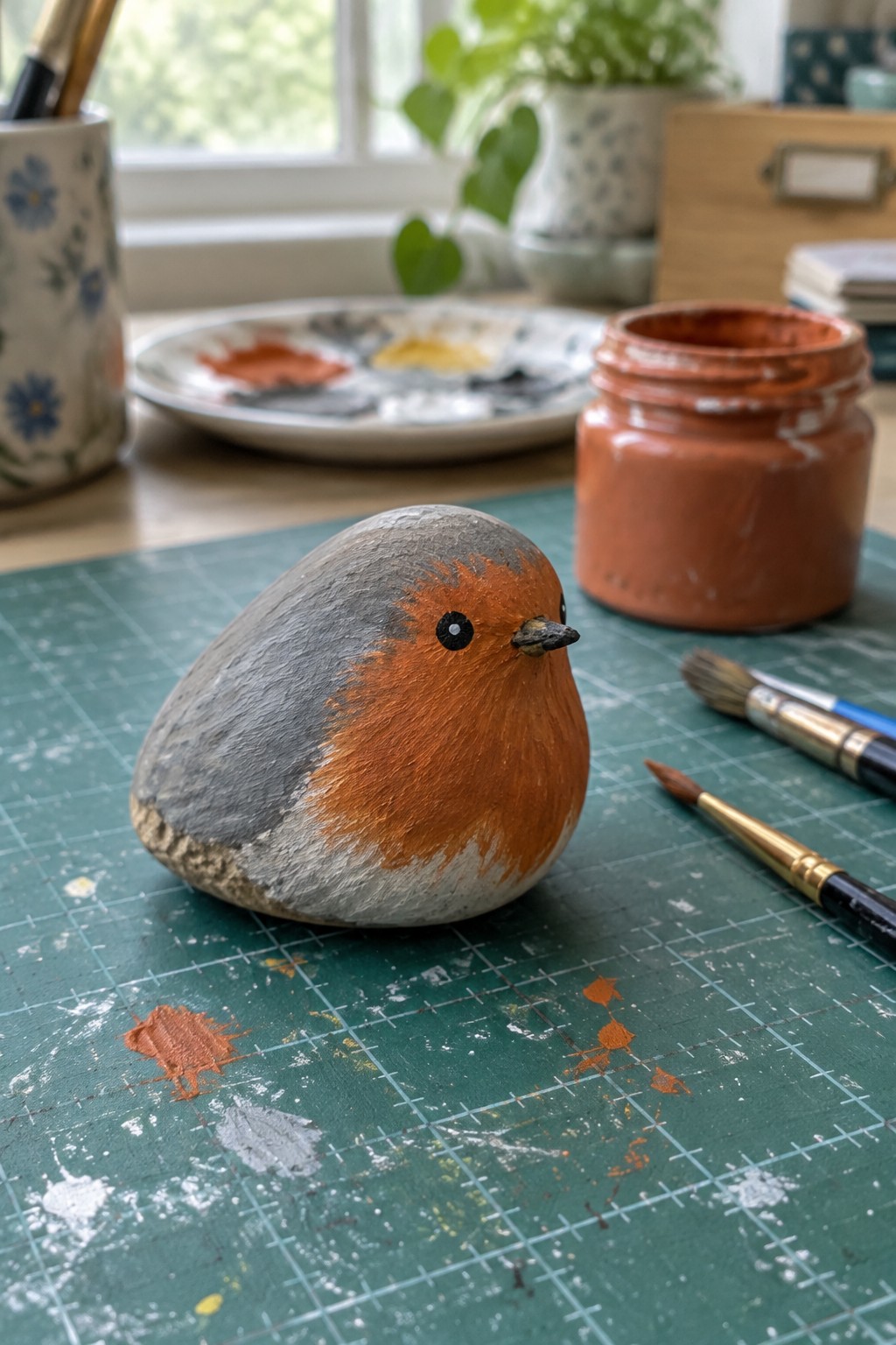 Painted robin stone on green mat near orange paint jar and brushes