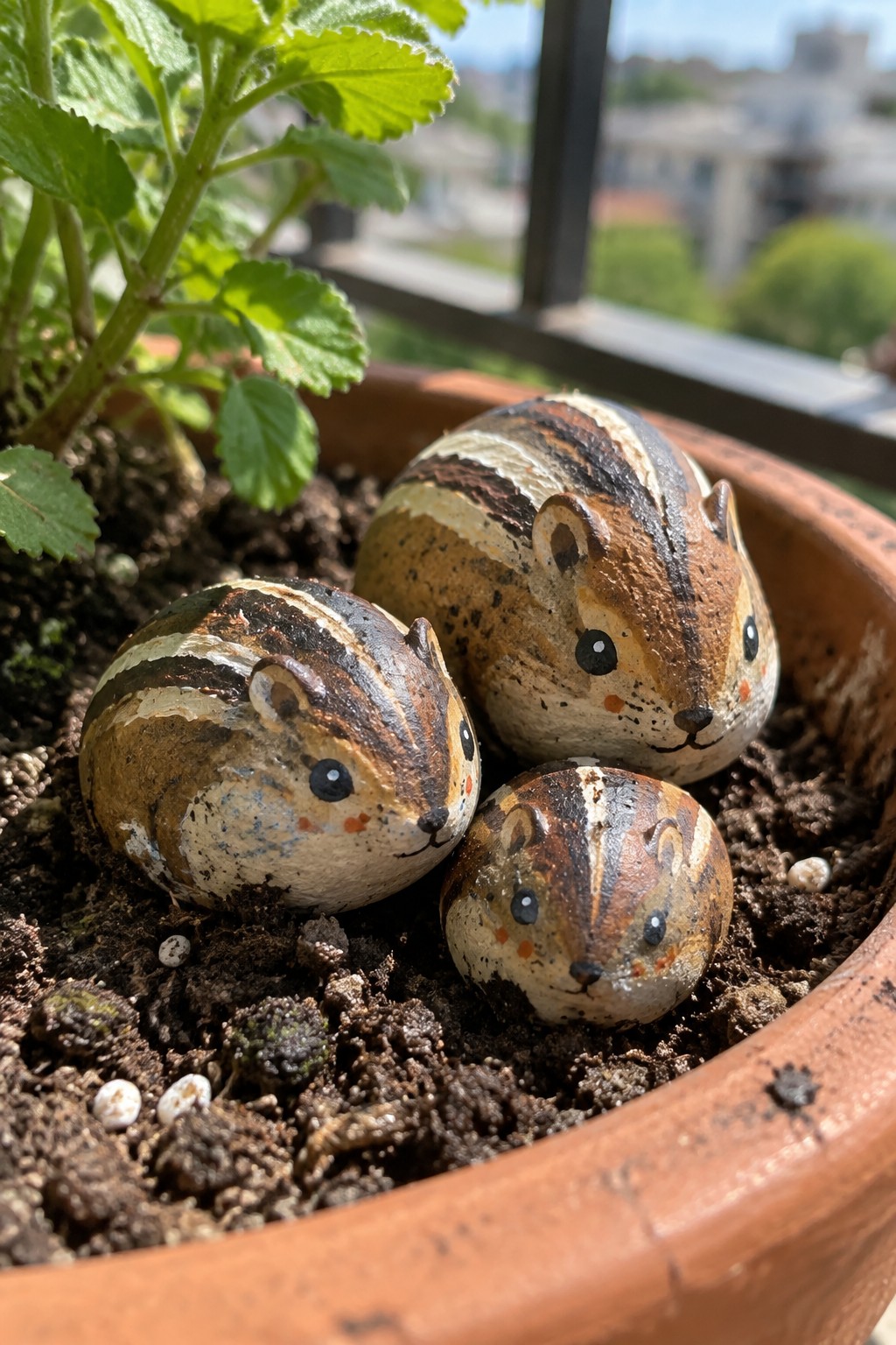 Three painted chipmunk rocks nestled in soil within a terracotta plant pot beside green leaves.