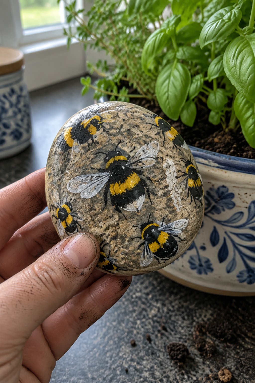 Hand holding rock painted with multiple yellow-and-black bumblebees near potted plants