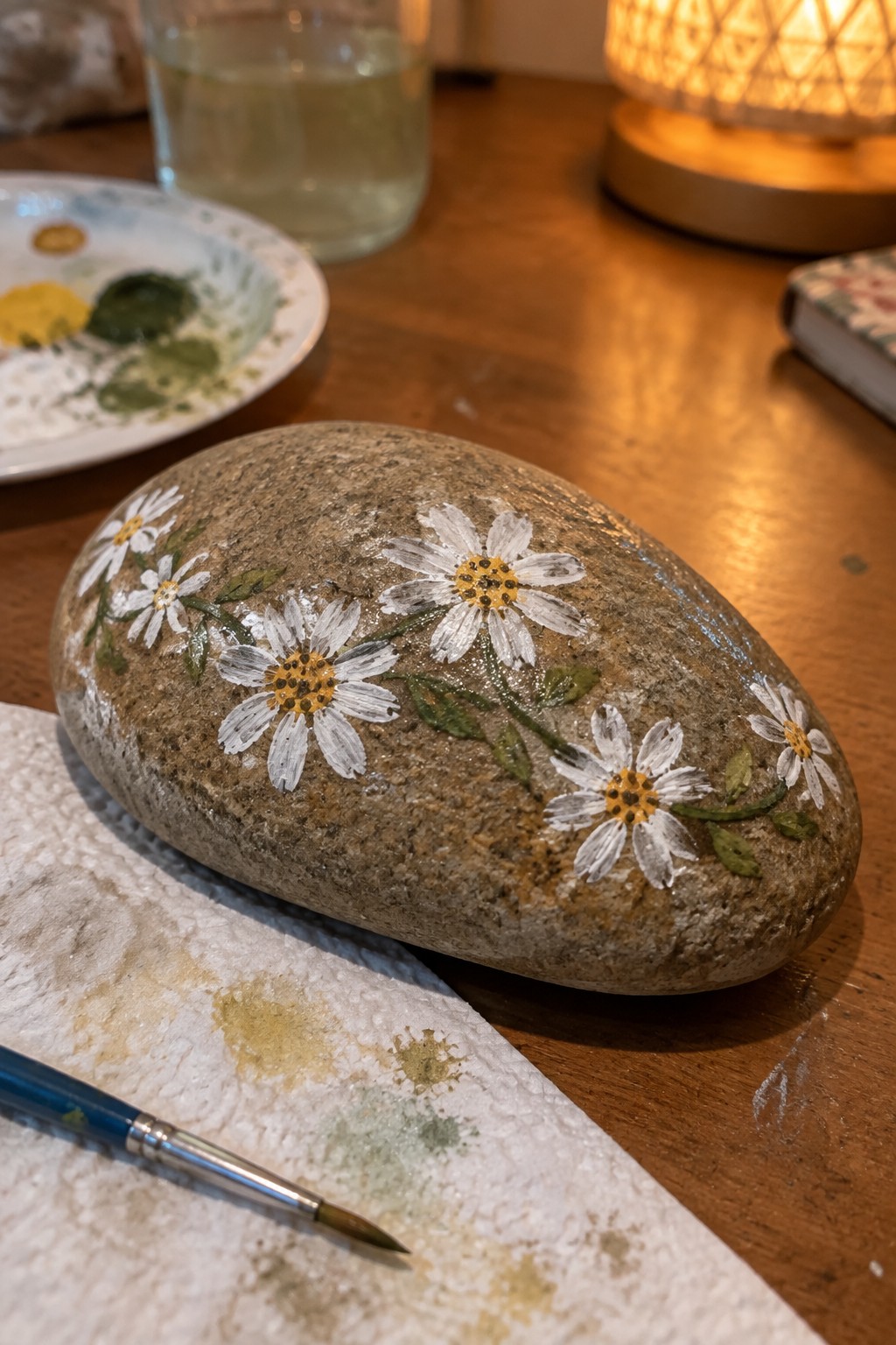 Painted stone with white daisies, yellow centers, and green stems on wooden table with paintbrush