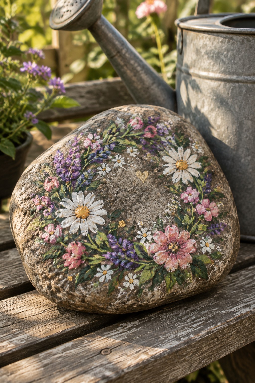 Painted stone with floral wreath on wooden bench near watering cans