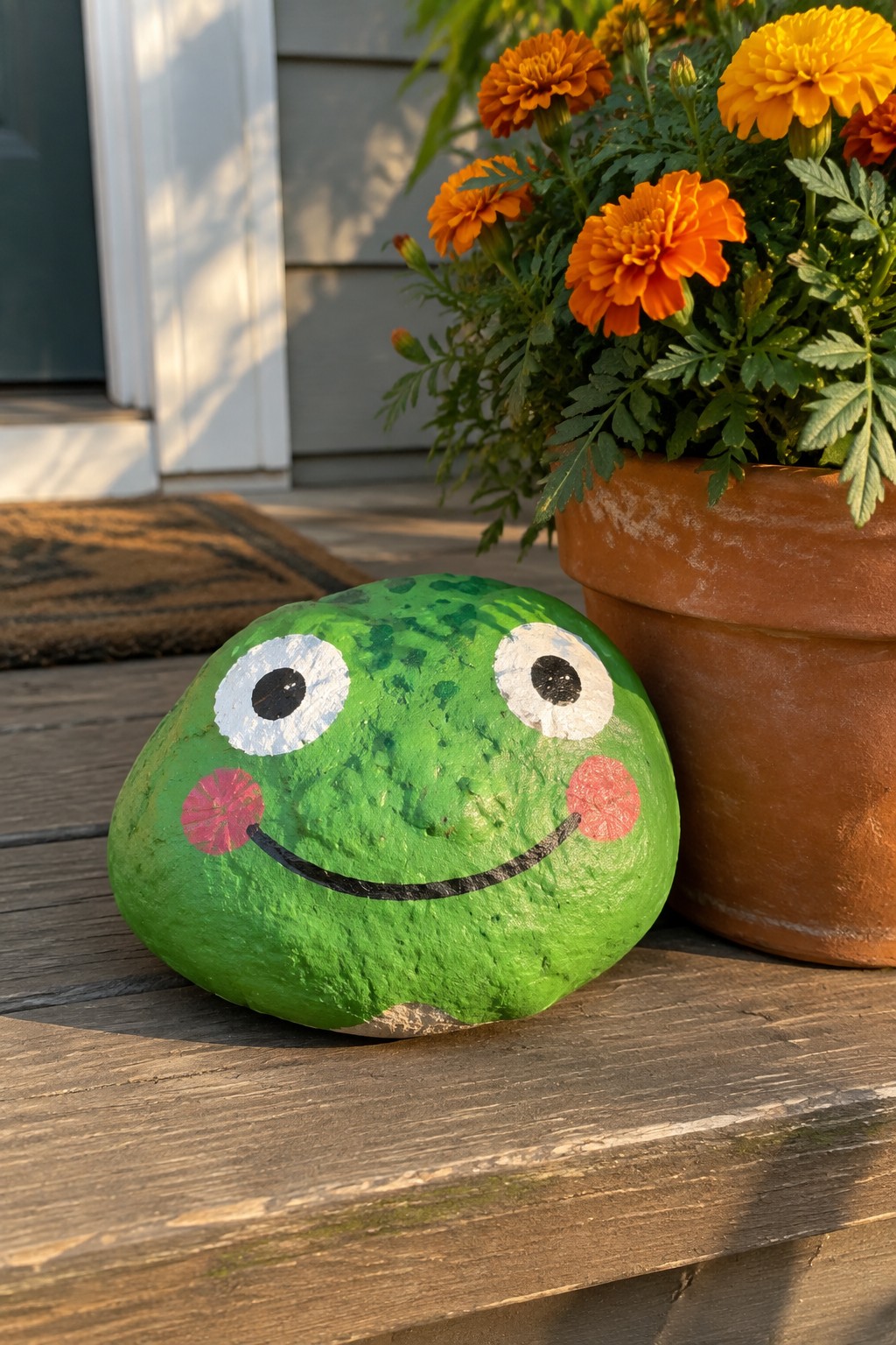 Green frog rock with pink cheeks beside potted orange marigolds on wooden porch