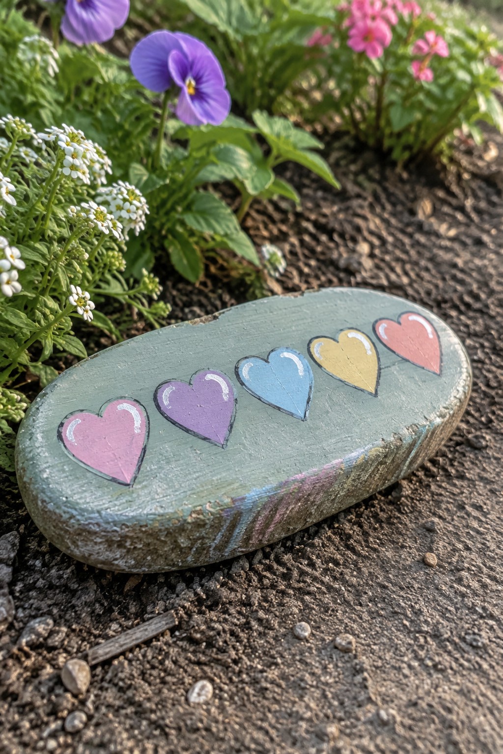 Green painted rock with pink purple blue yellow red hearts on garden soil.