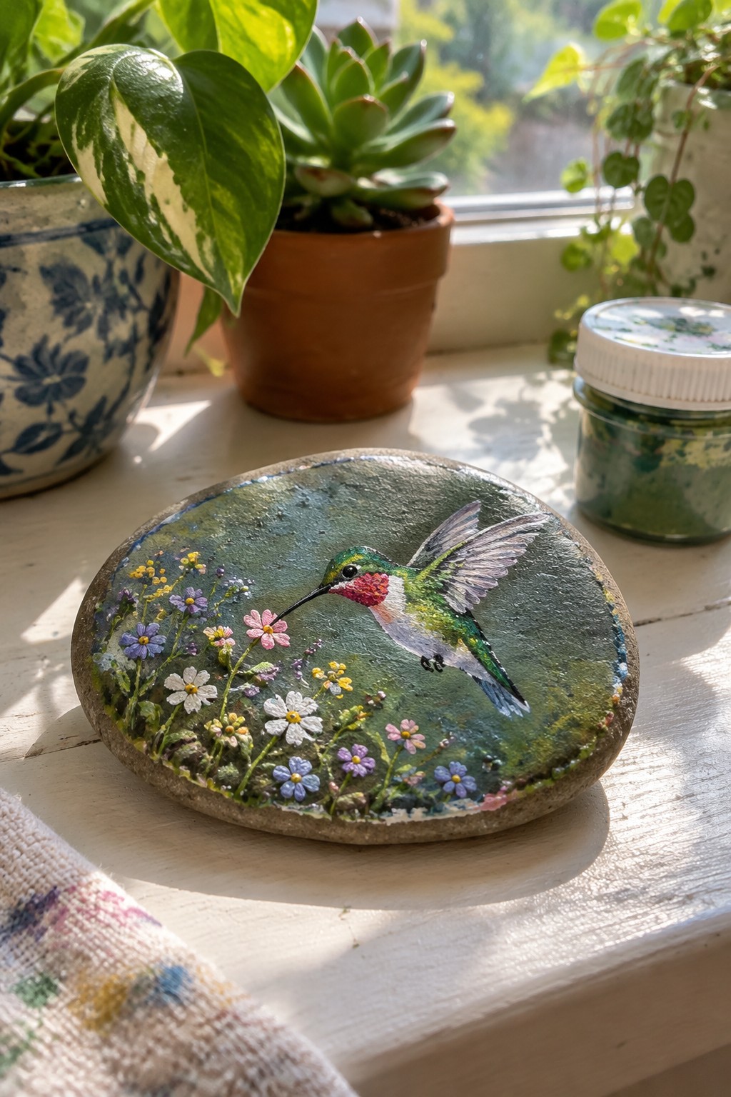 Painted rock with hummingbird feeding from flowers on sunny windowsill beside plants and paint jar