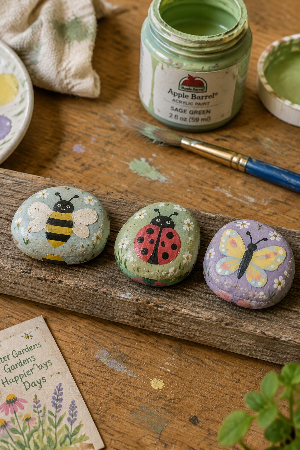 Three painted rocks with bee, ladybug, and butterfly beside green paint jar and brush