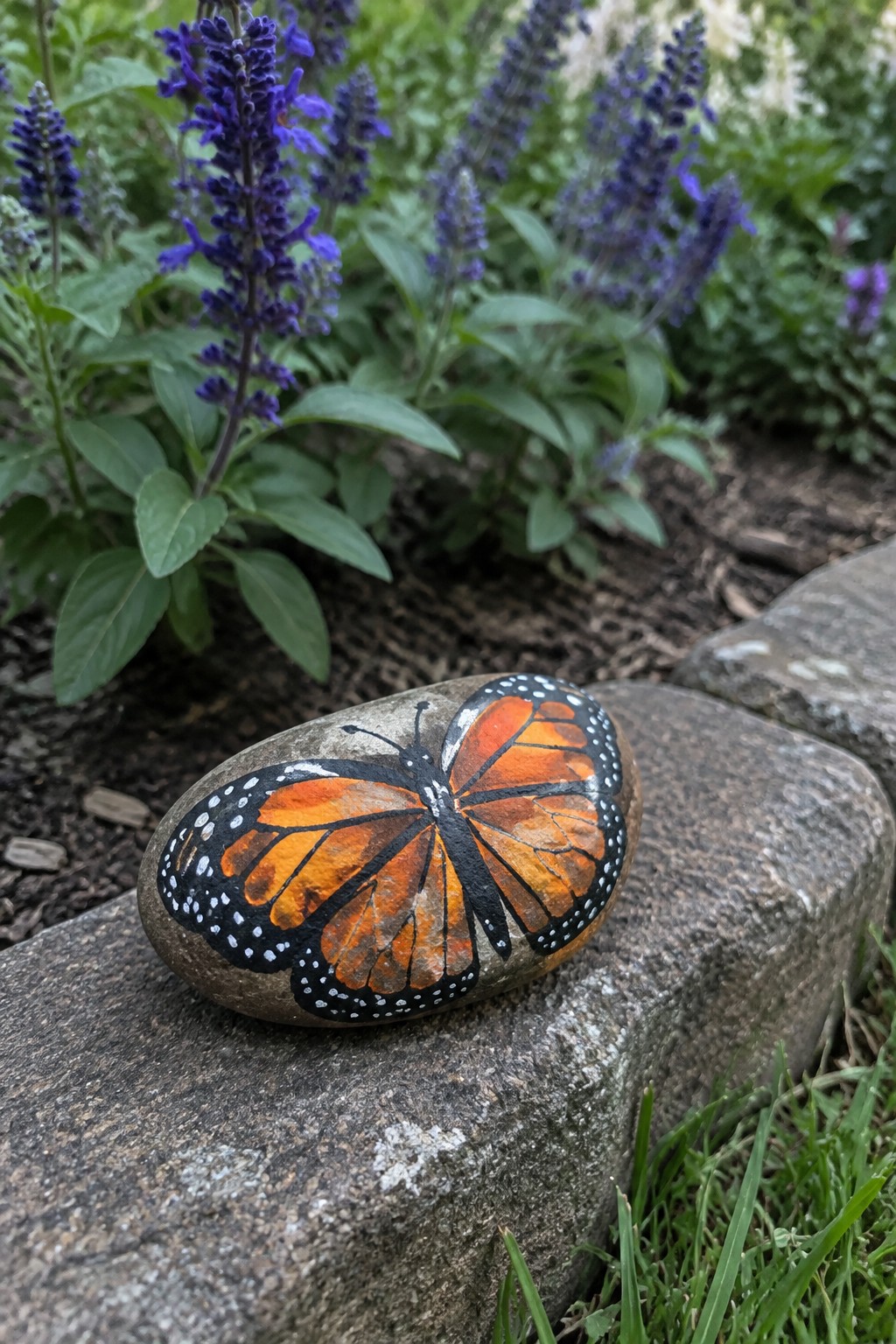 Painted rock with vibrant monarch butterfly amid purple flowers and garden stones