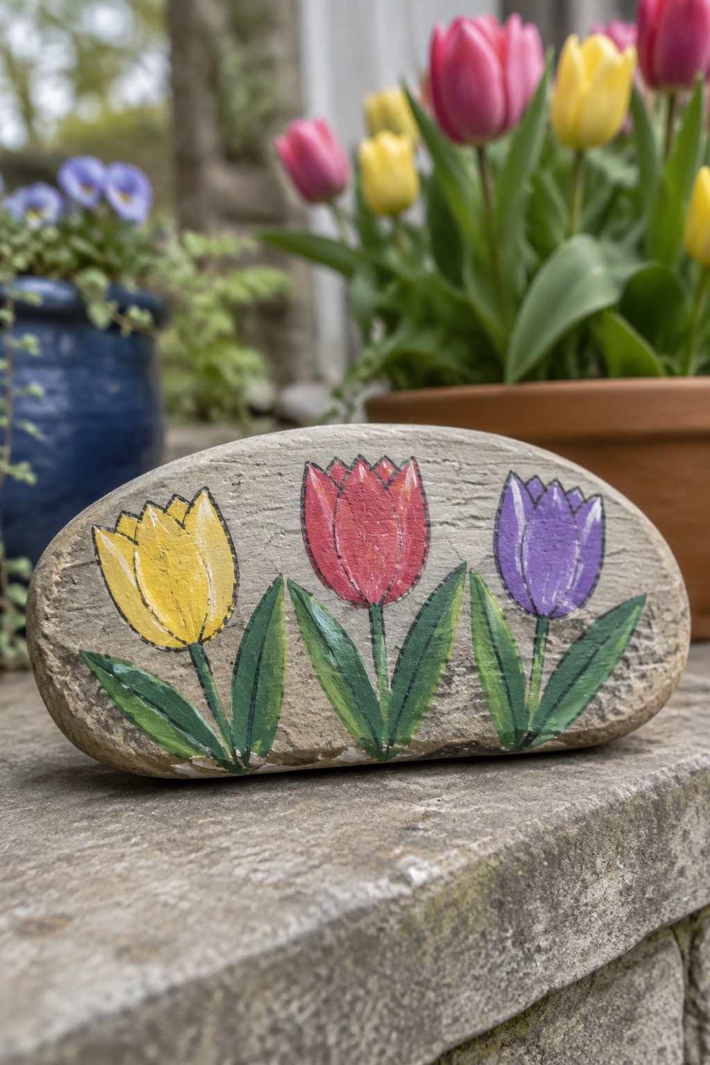 Painted rock with yellow, red, and purple tulips on a stone ledge