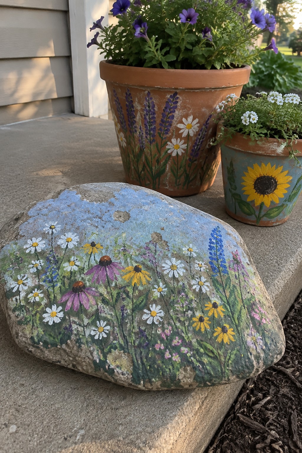 Painted rock with wildflowers beside terracotta pots decorated with lavender and sunflower on steps