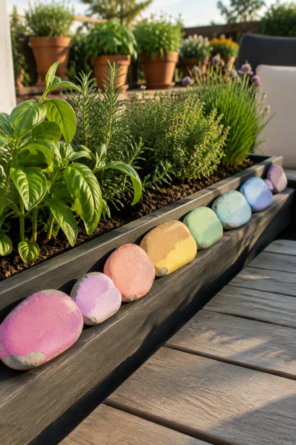 Colorful painted stones line the edge of a wooden herb-filled planter box.