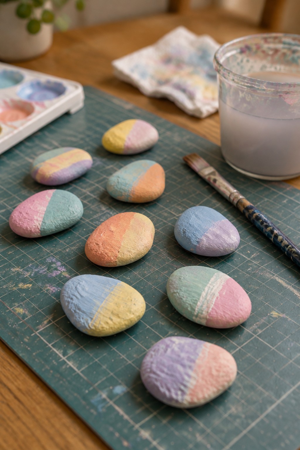 Colorful pastel-striped rocks on green mat with watercolor palette, brush, and jar.