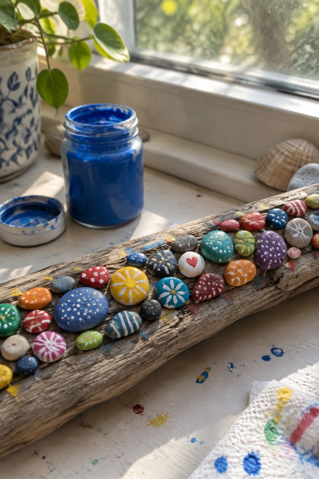 A piece of driftwood holds many small painted stones with dots, stripes, and flower patterns next to a jar of blue paint on a windowsill.