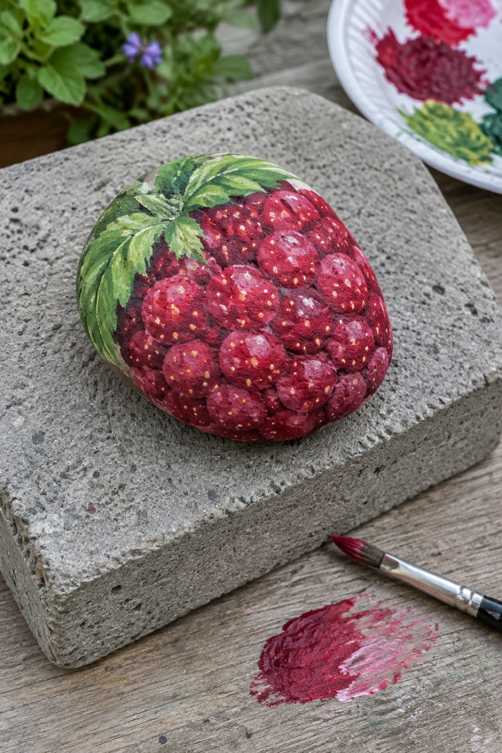 Painted raspberry rock on concrete block beside paintbrush and red paint on wood