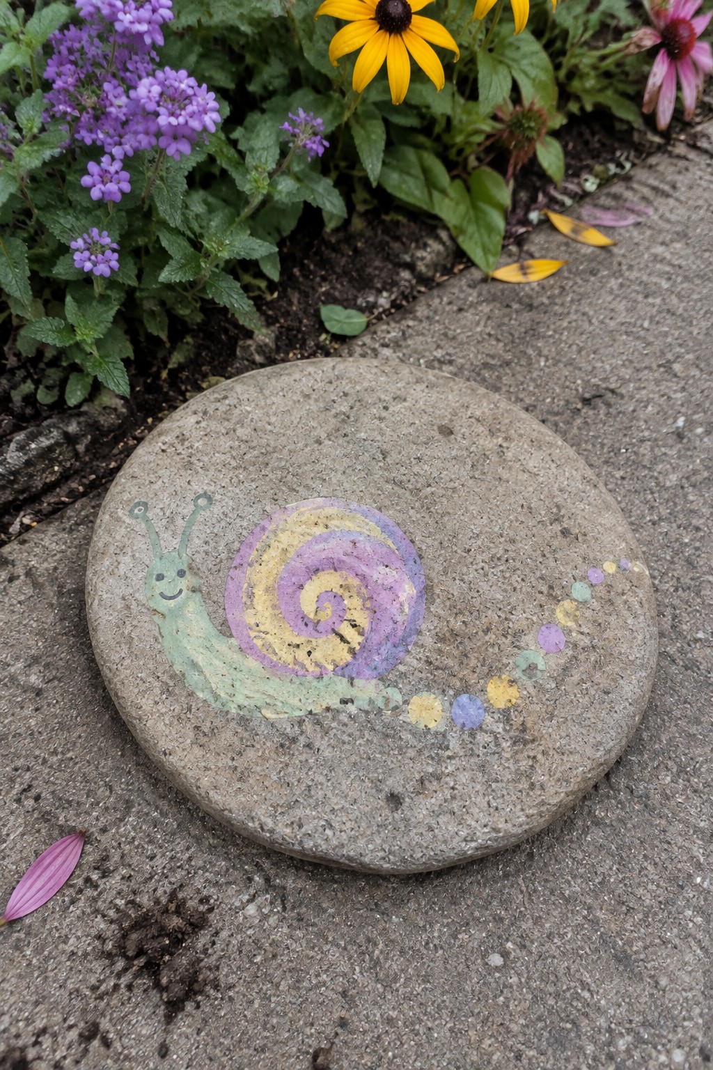 Painted snail with purple-yellow shell on round stone amid garden flowers