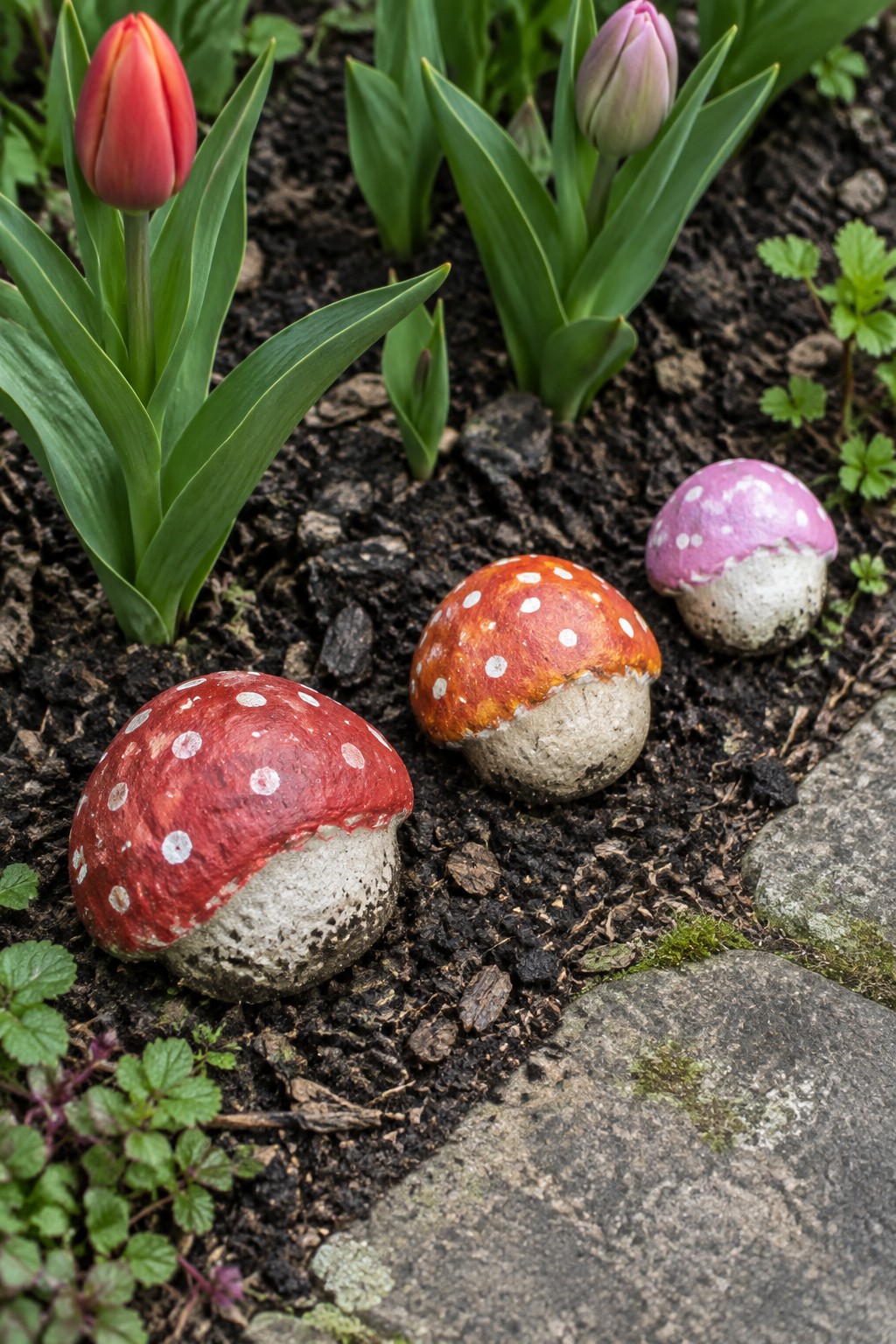 Three colorful painted mushroom rocks beside red and pink tulips in garden soil