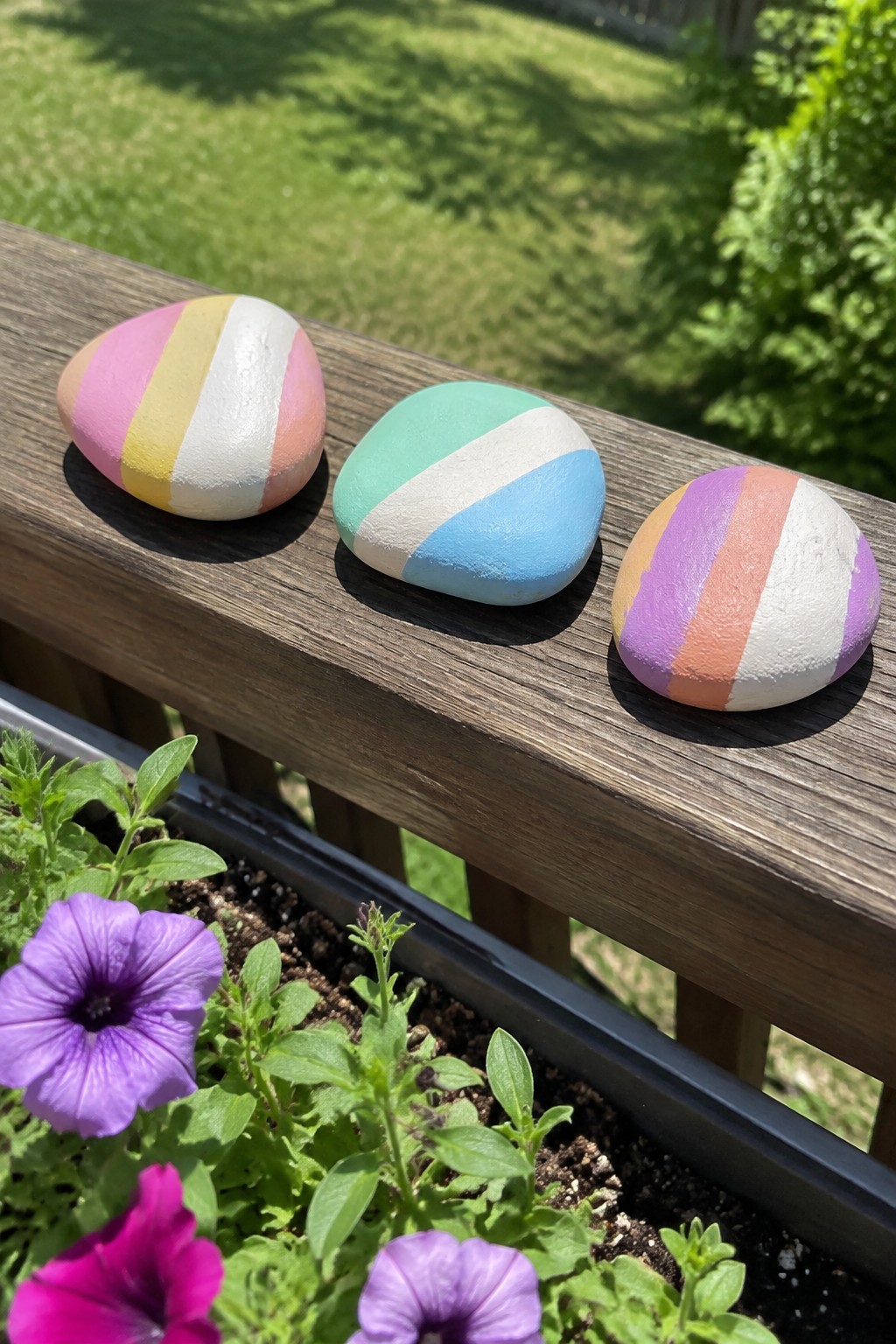 Three colorful striped rocks on wooden railing above blooming purple petunias in garden