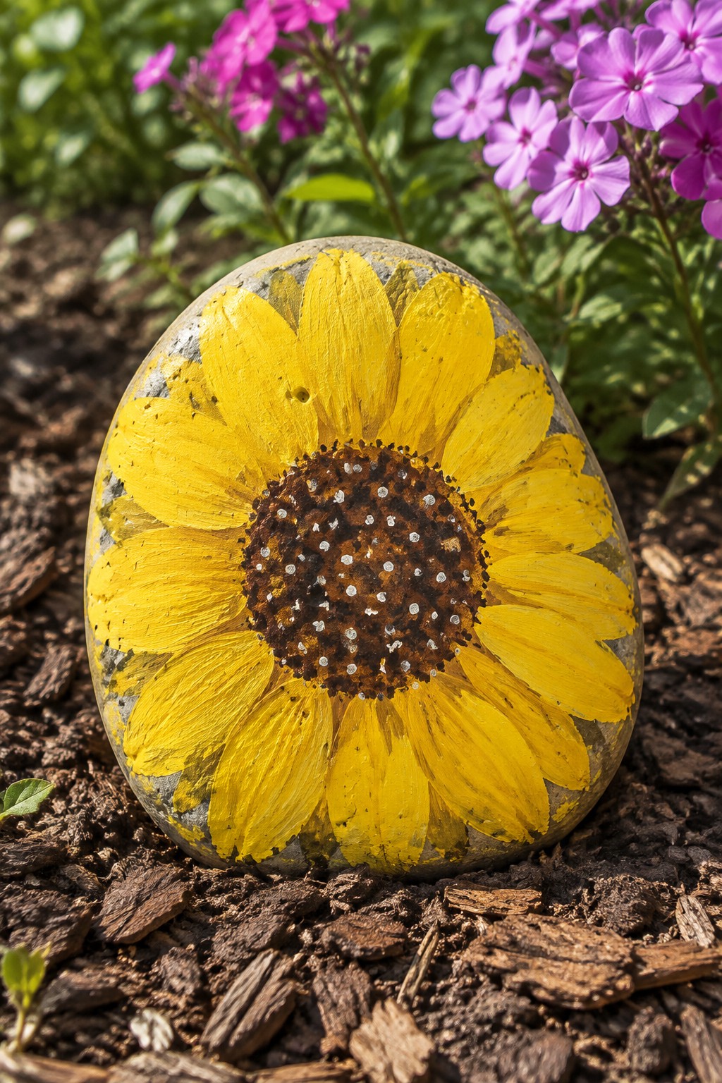 Painted sunflower rock with yellow petals and dotted brown center rests on garden mulch.