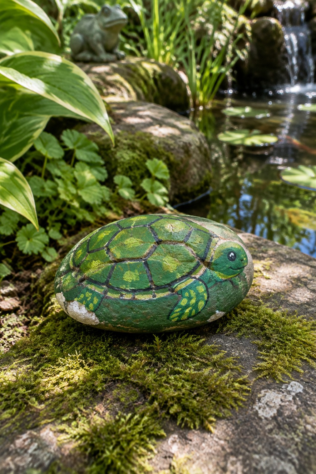 A green painted turtle rock rests on moss near a garden pond.