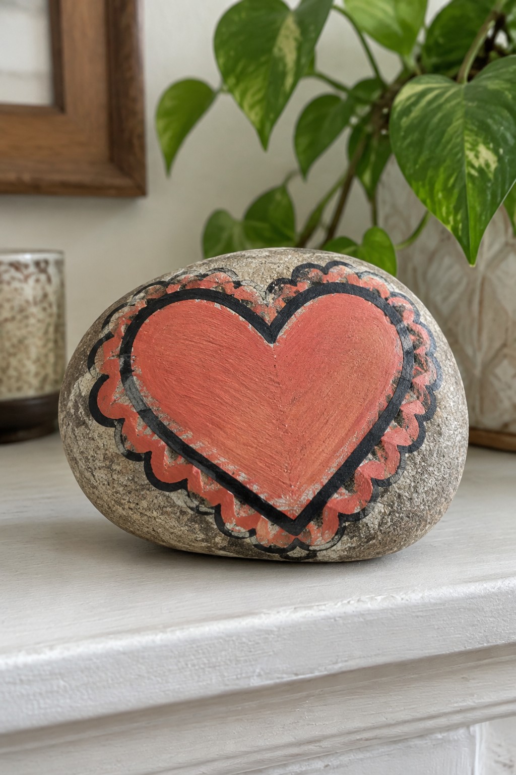 Round stone painted with red heart, black scalloped border on white surface