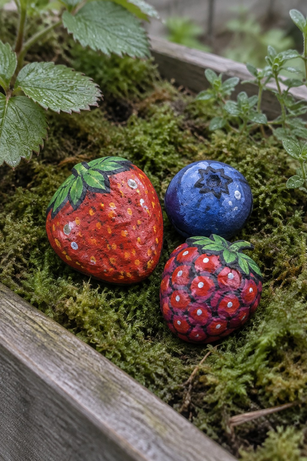 Three painted rocks resembling strawberry, blueberry, and raspberry on green moss.