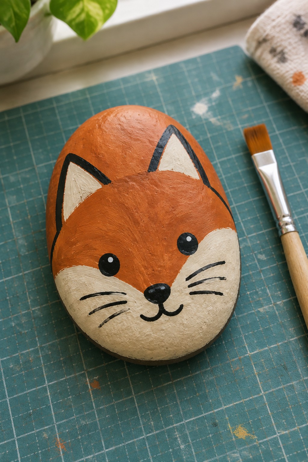 Painted orange fox rock with white muzzle on green grid mat beside paintbrush