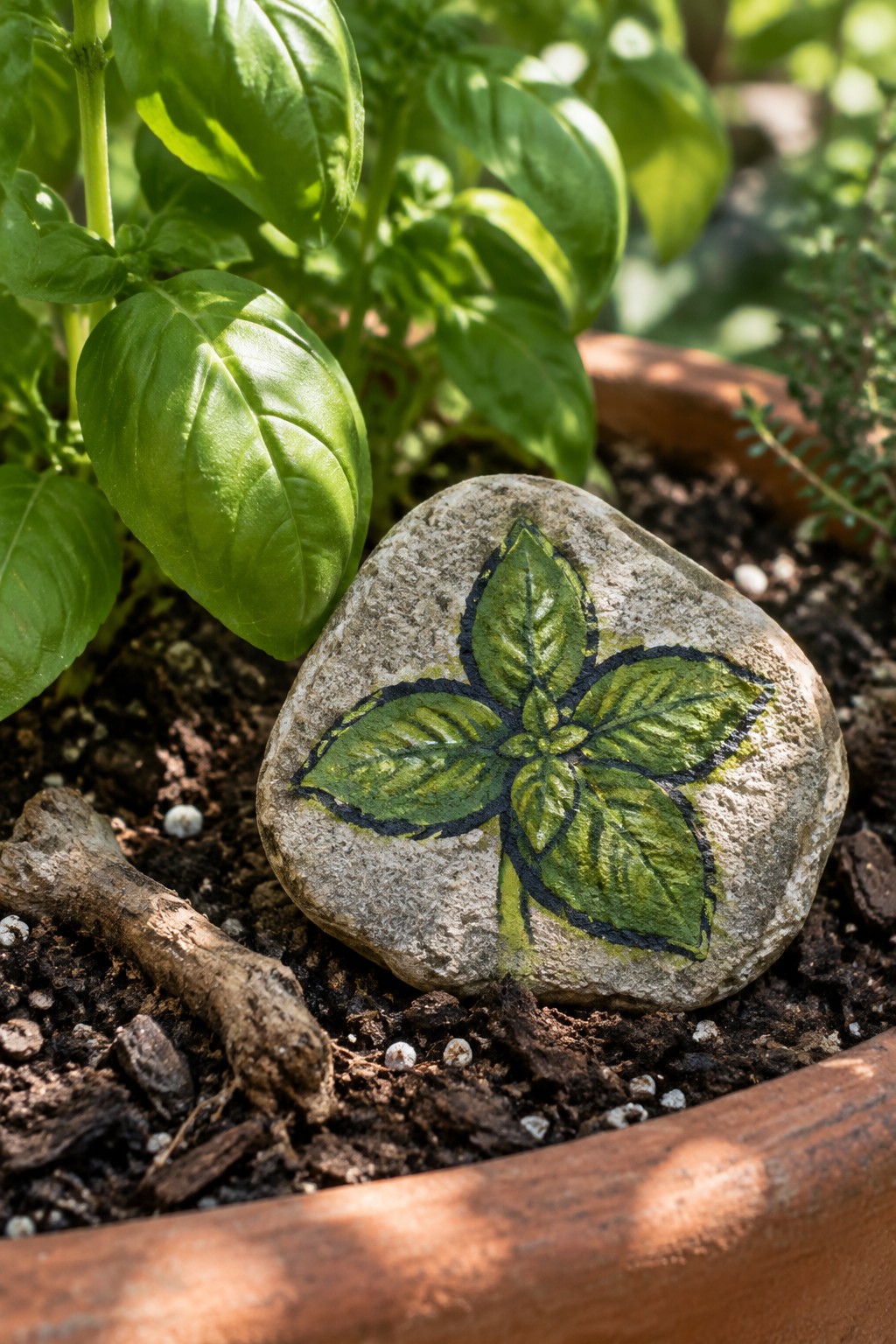 A gray stone painted with green leaves and black outlines sits in soil next to a basil plant in a terracotta pot.