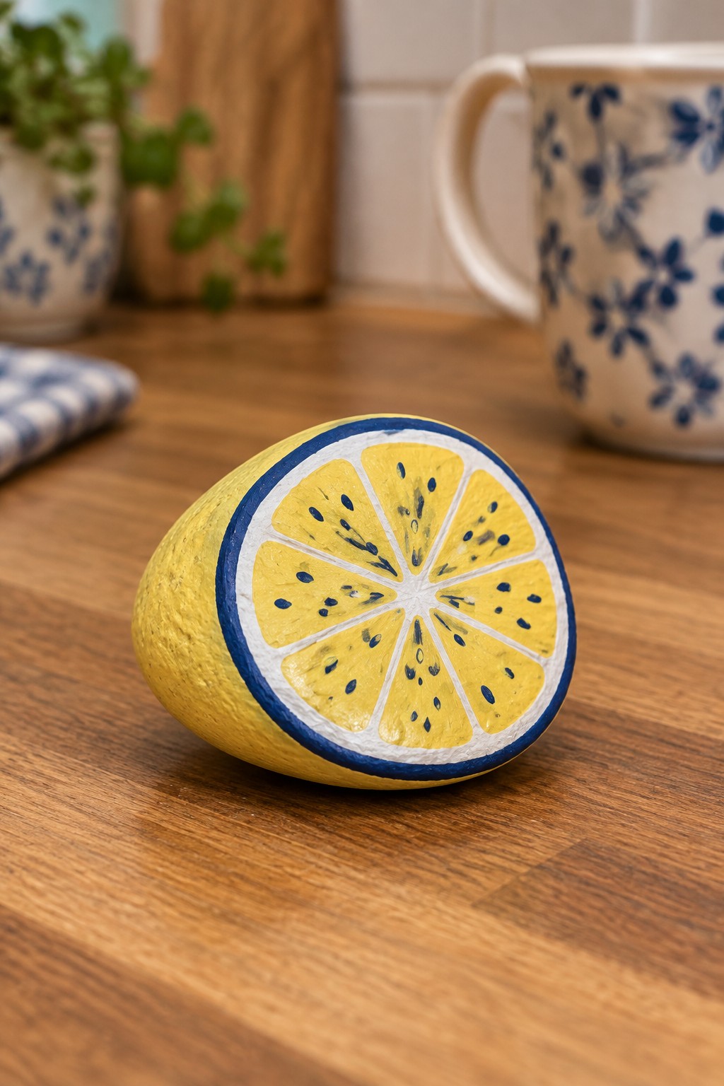 Painted yellow lemon slice rock with blue rind on wooden table.