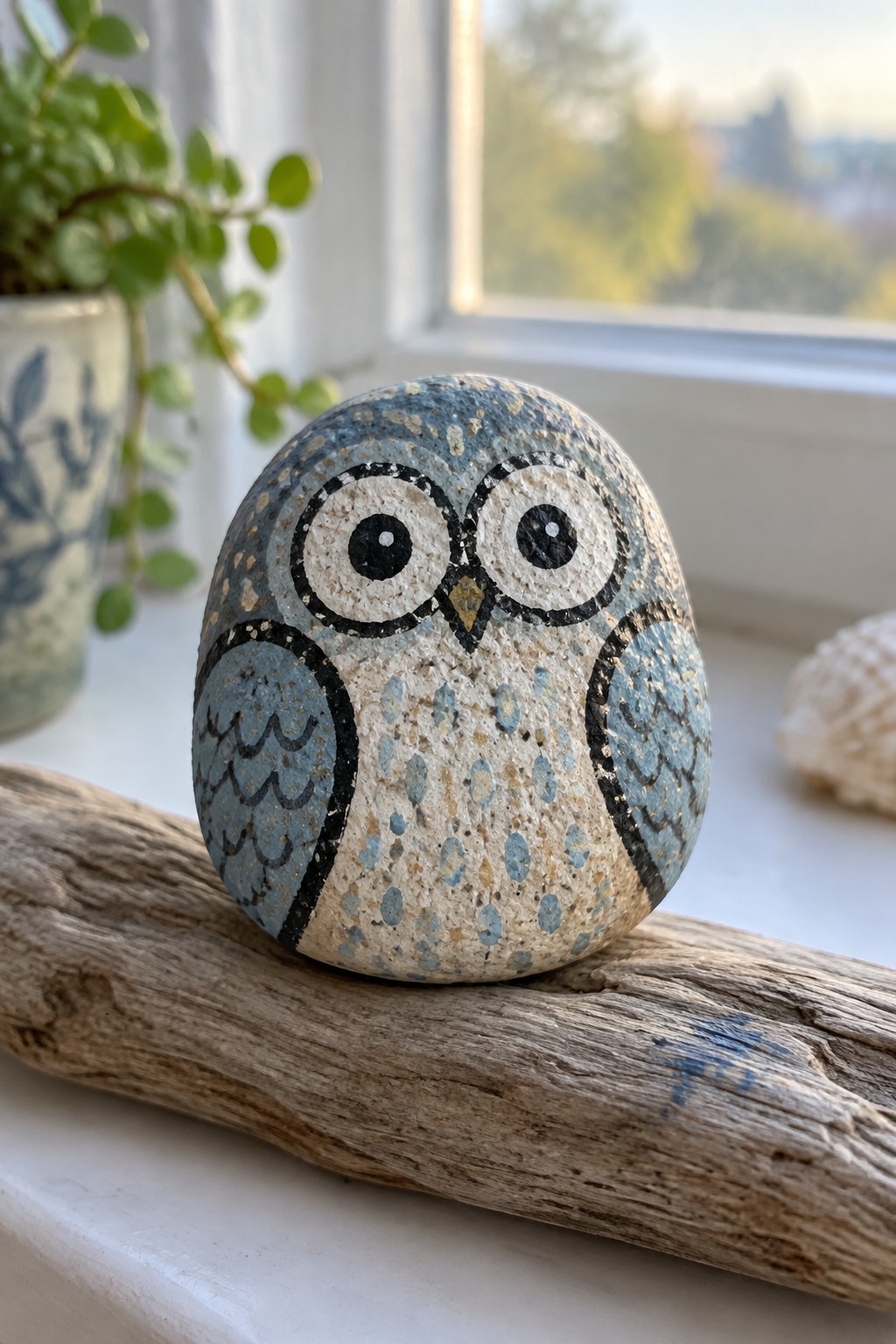 Blue and beige painted owl rock with large eyes on driftwood by window.