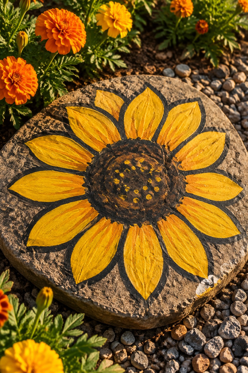 Painted yellow sunflower on round stone amid orange marigolds and pebbles
