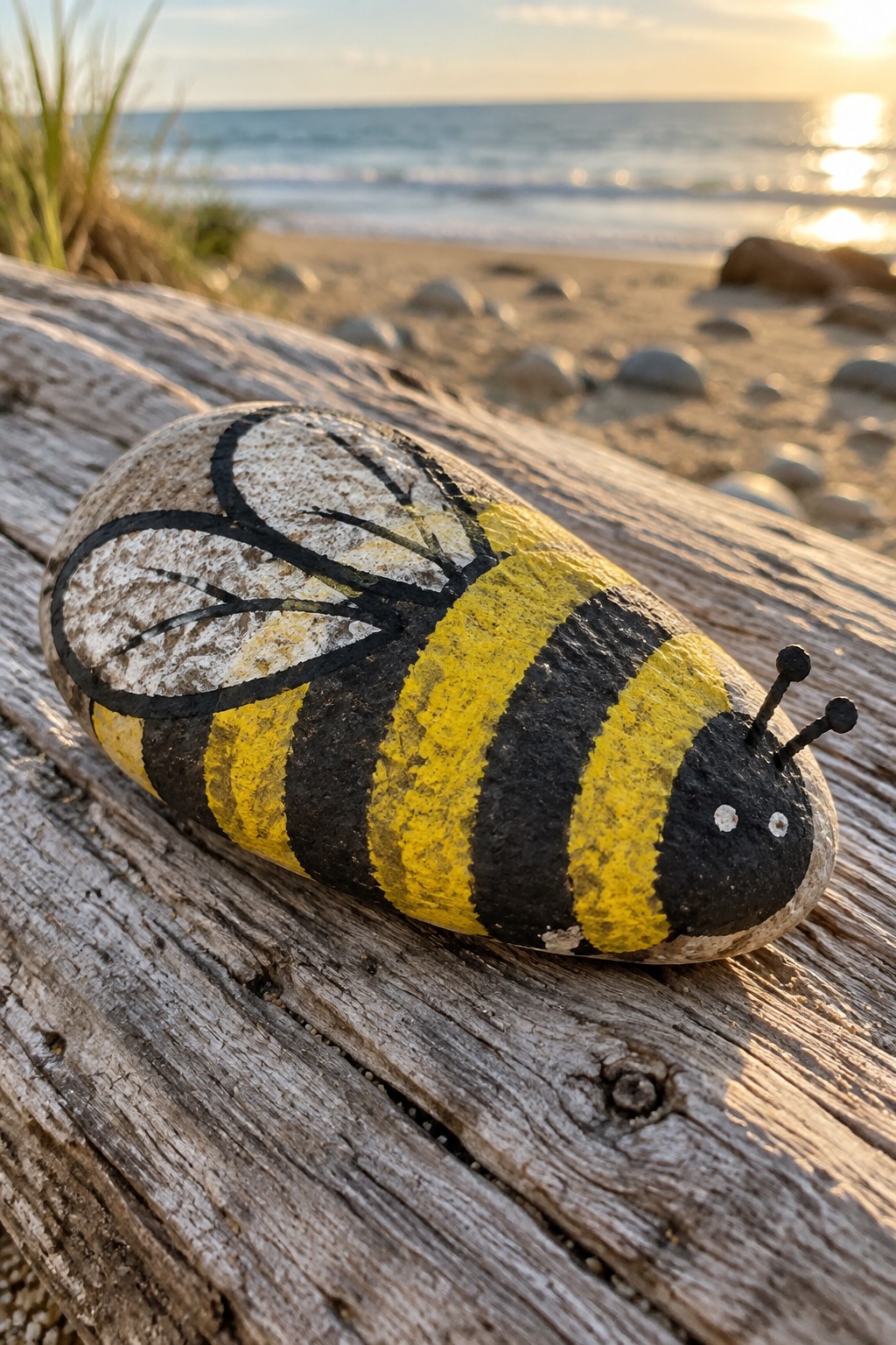 Yellow and black striped bumblebee painted on rock atop driftwood by beach