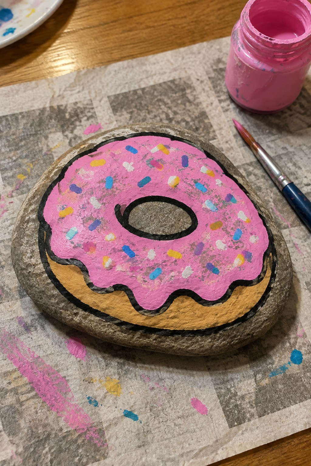 Rock painted as pink-frosted donut with colorful sprinkles beside paint jar and brush.