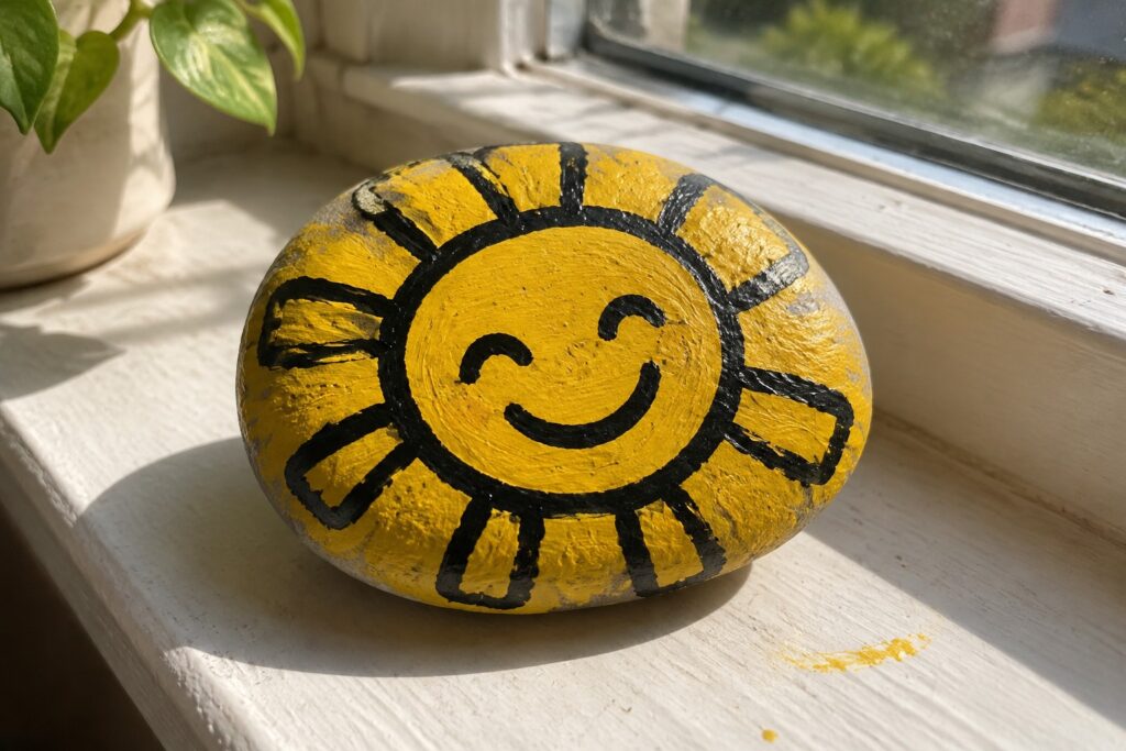 Yellow rock painted with smiling sun on white windowsill by window