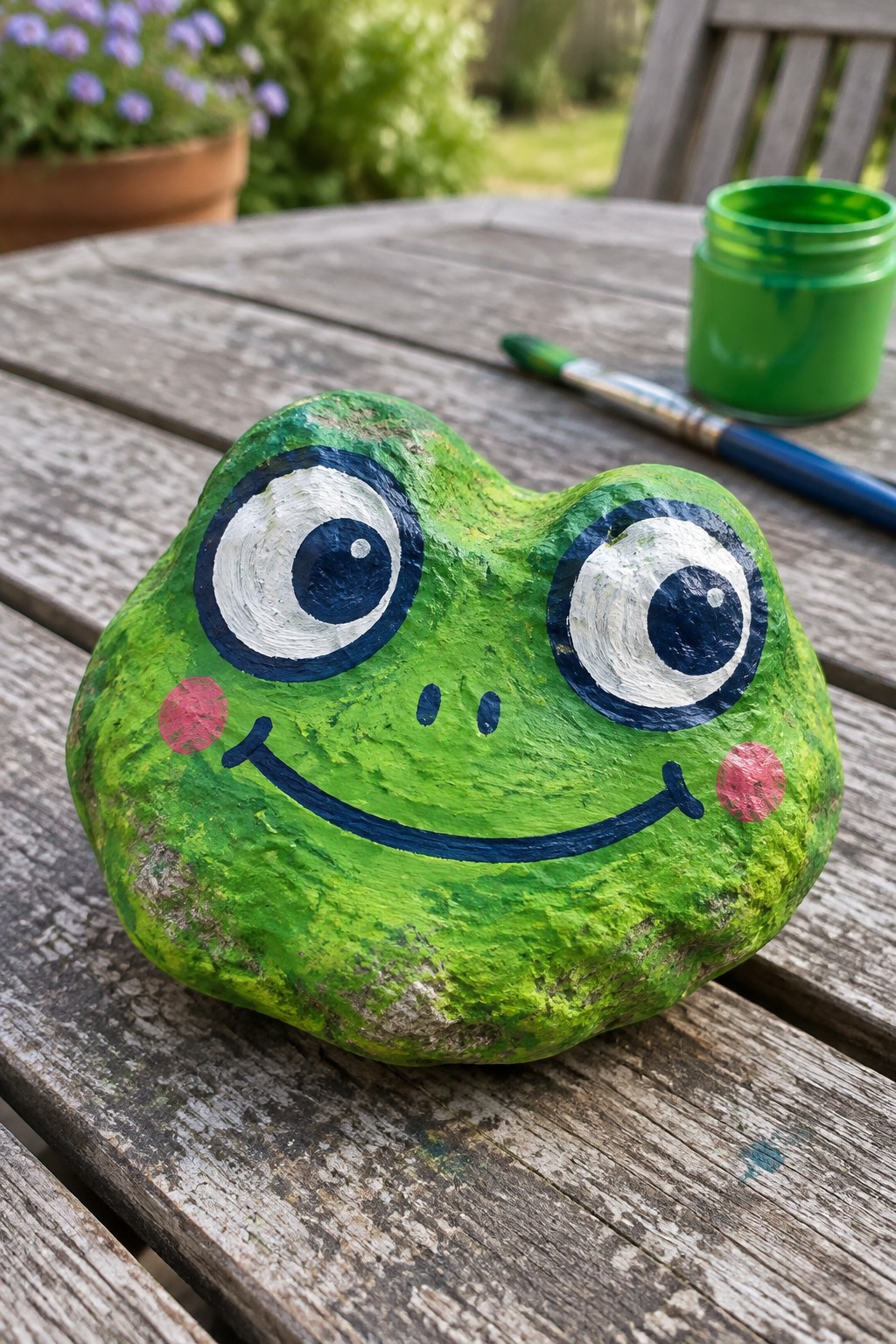 Painted green frog rock with big eyes and smile on wooden table beside paint jar